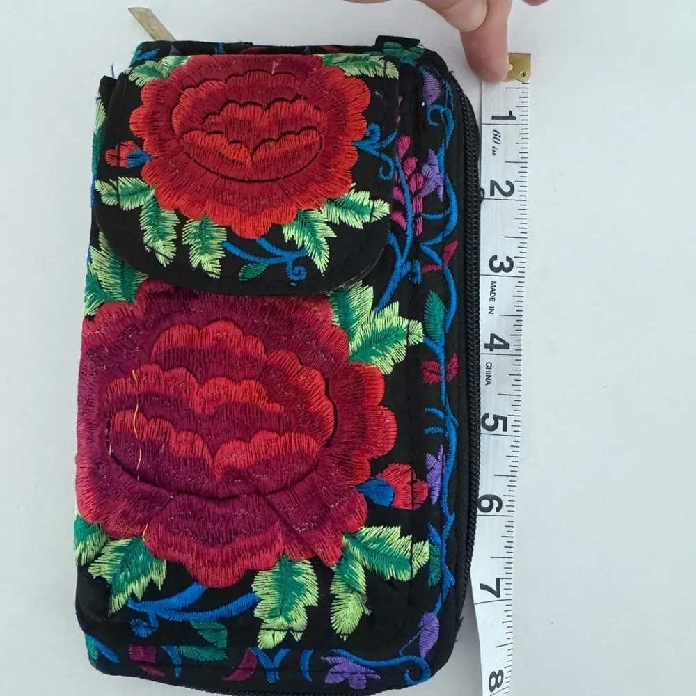 Floral Embroidered Wallet - Red and Green